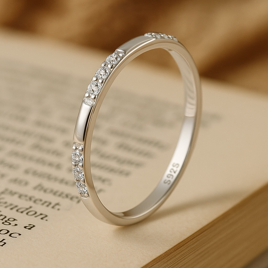 Freya Canada’s I AM ARTEMIS Delicate Pave Ring in sterling silver and zircon standing on a book