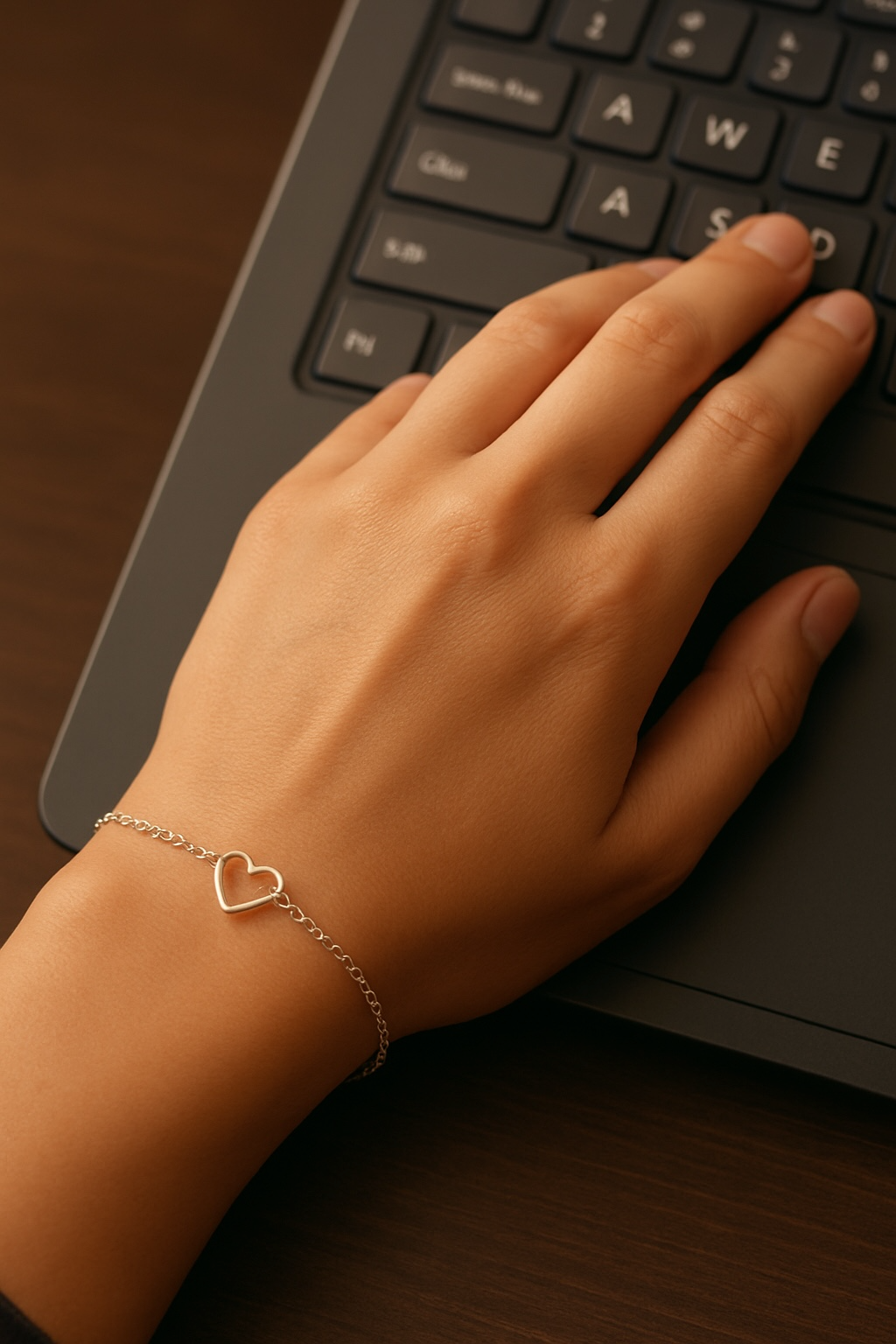 Freya Canada’s I AM APHRODITE Sterling silver Heart Bracelet on a feminine wrist. She is typing on a keyboard