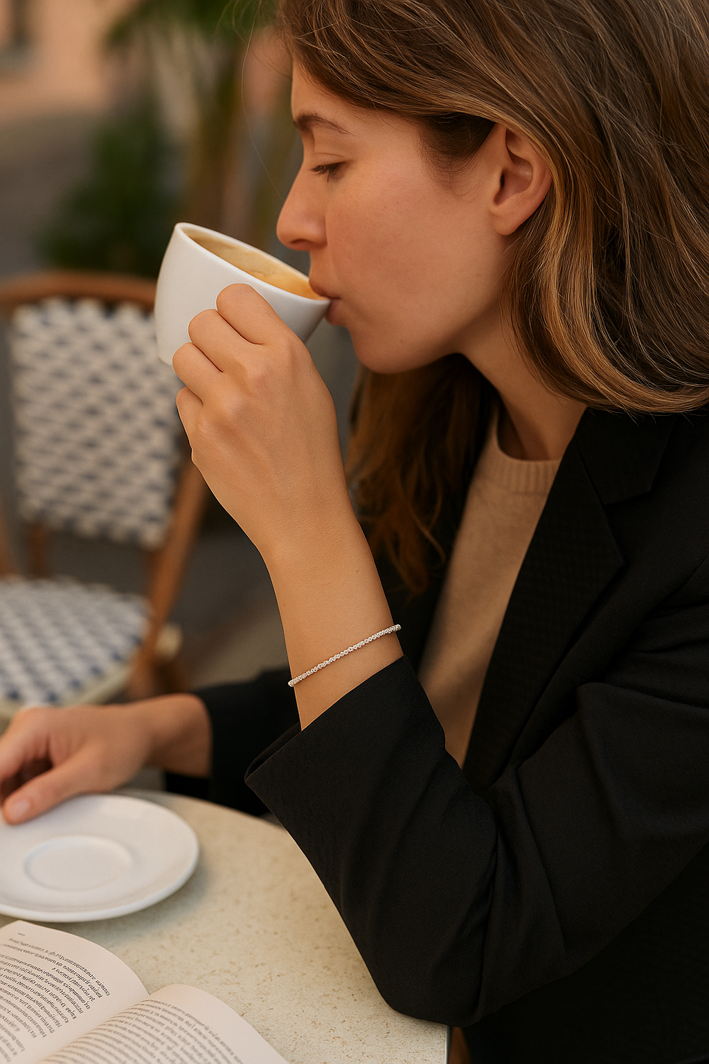 A woman sipping coffee at a table wearing her sterling silver I AM ASTERIA starlight bracelet from Freya Canada