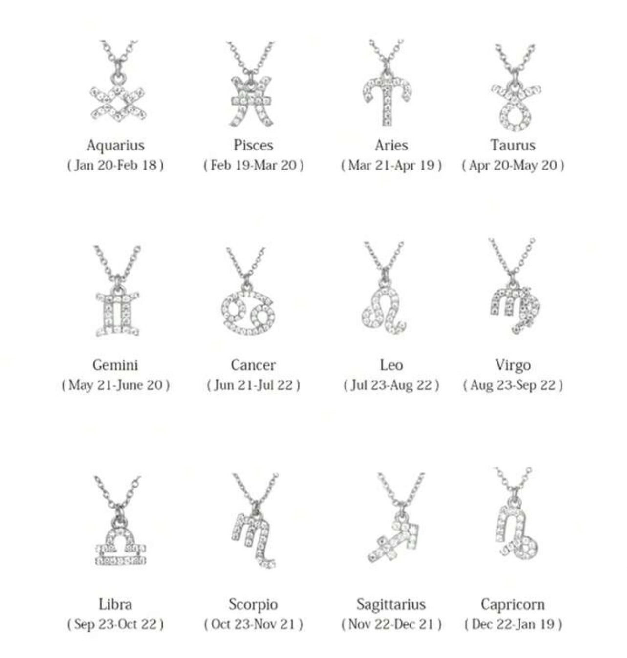 Freya Canada’s Scorpio Goddess Pave Charm Necklace. Showing images of each zodiac’s charm with descriptions underneath showing zodiac dates. Ships from Vancouver, B.C.