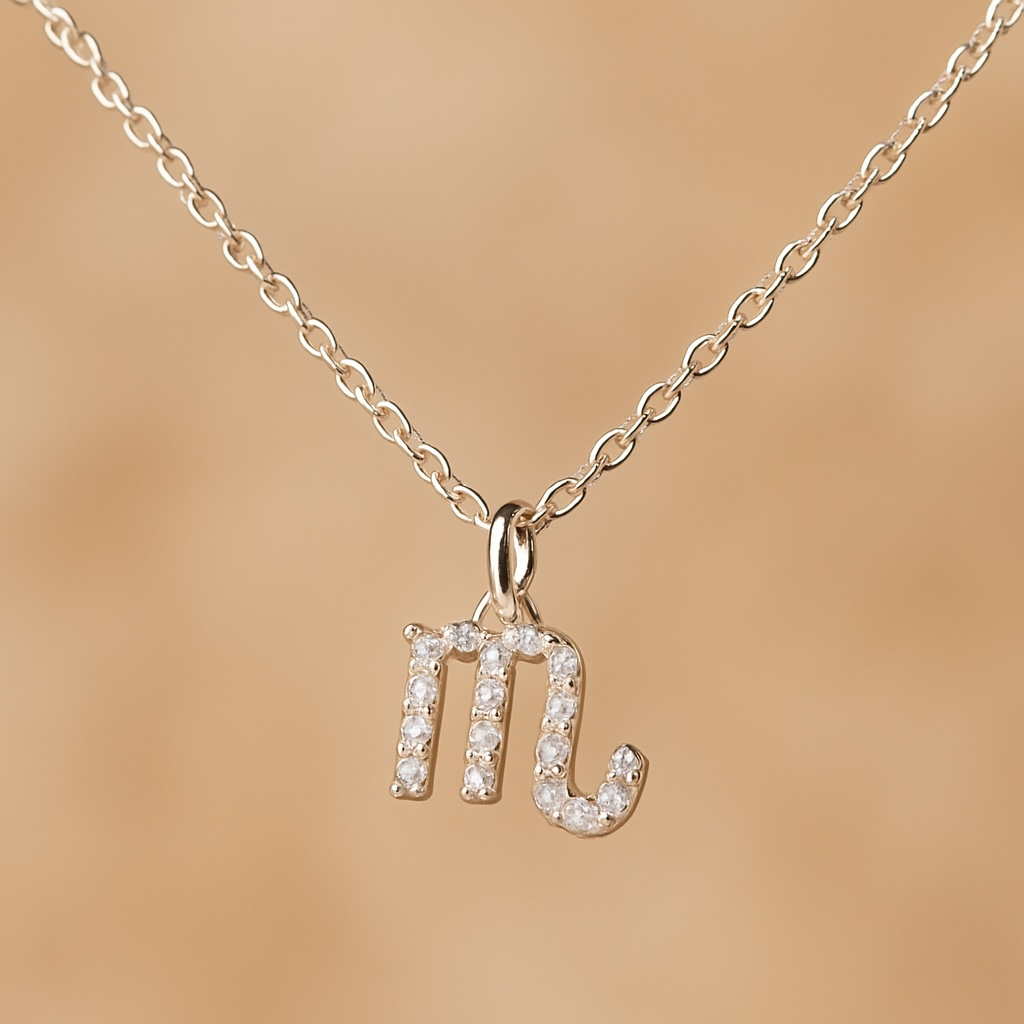 Freya Canada’s Scorpio Goddess Pave Charm Necklace on a beige background. Ships from Vancouver, B.C.