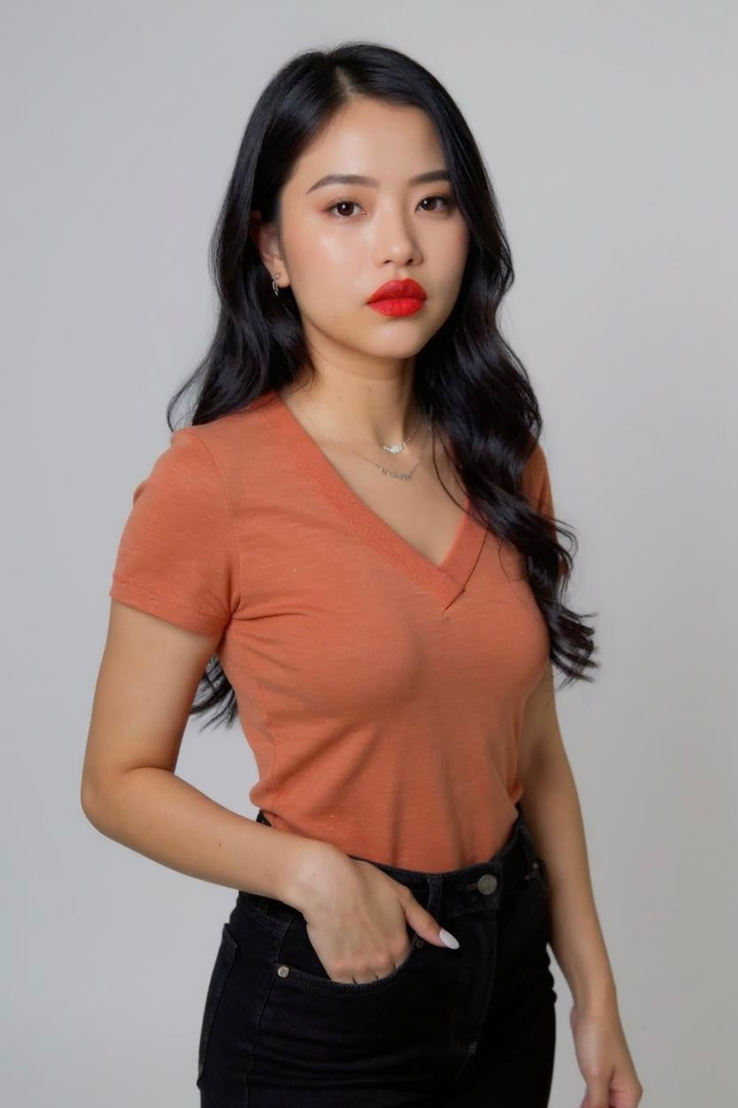 Model with long black hair and an orange tee shirt is wearing Freya Canada’s I AM FLORA Glass Petals Necklace. Also wearing Sigil & Smoke’s Cancer Nameplate Necklace.
