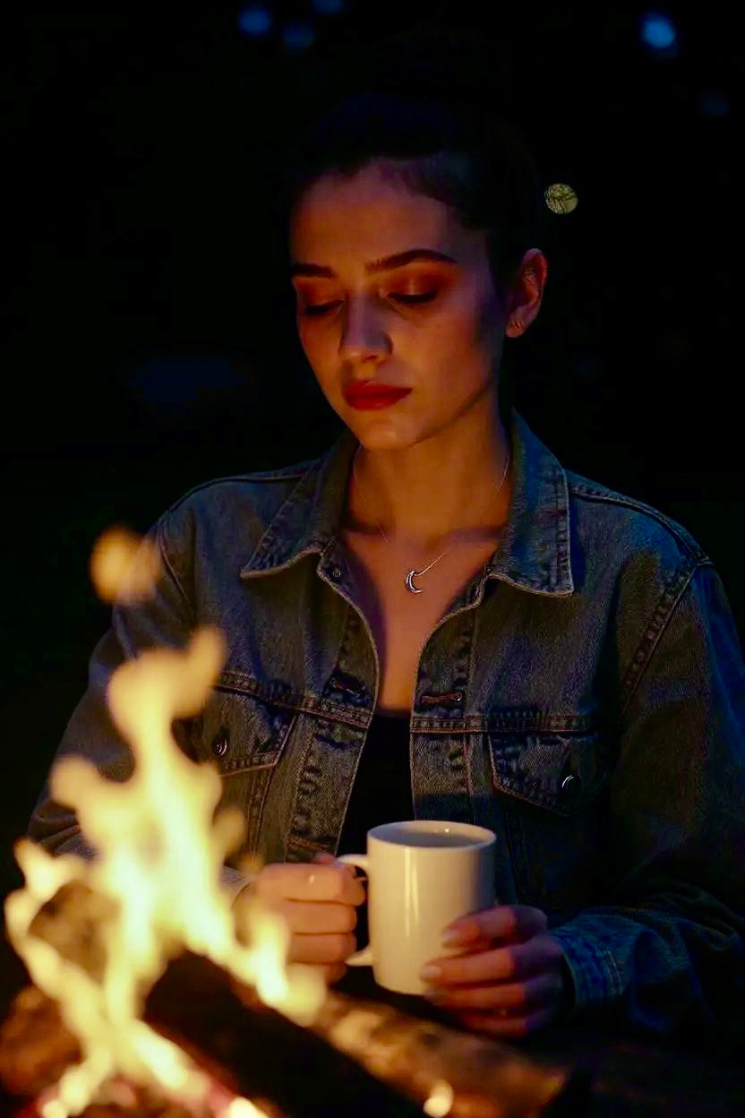 Model is wearing Freya Canada’s I AM SELENE sterling silver luminous crescent moon necklace. She is sitting around a campfire in beautiful British Columbia, Canada, which illuminates the necklace.
