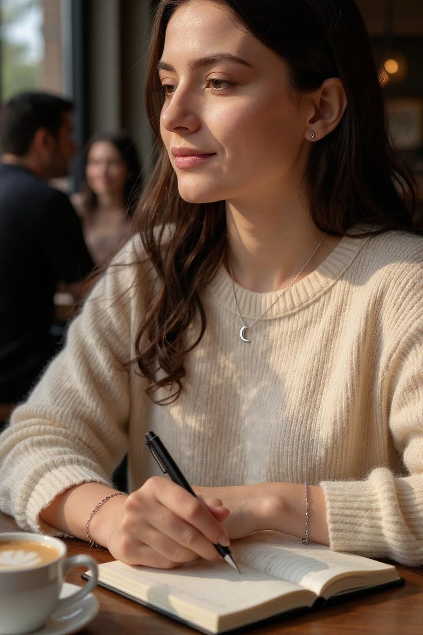 Model is wearing Freya Canada’s I AM SELENE sterling silver luminous crescent moon necklace. Pictured in a busy cafe working on her projects, with the necklace being illuminated by gentle natural lighting