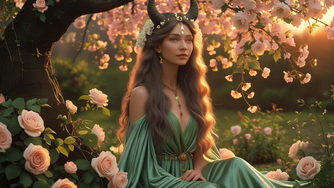 A Taurus goddess sitting in a lush forest surrounded by pink flowers
